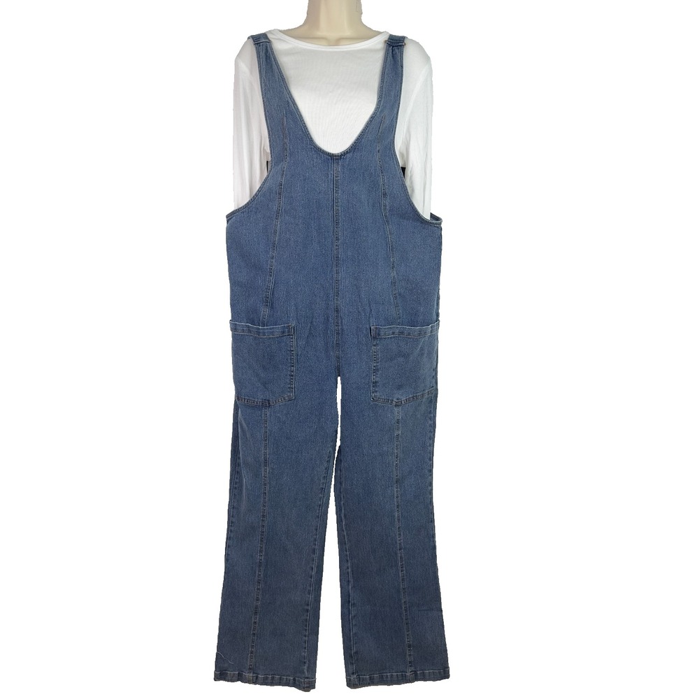 Womens Denim Overalls Jumpsuit‎ Blue Large Wide Leg IJOAH Boho Casual Comfy NWT